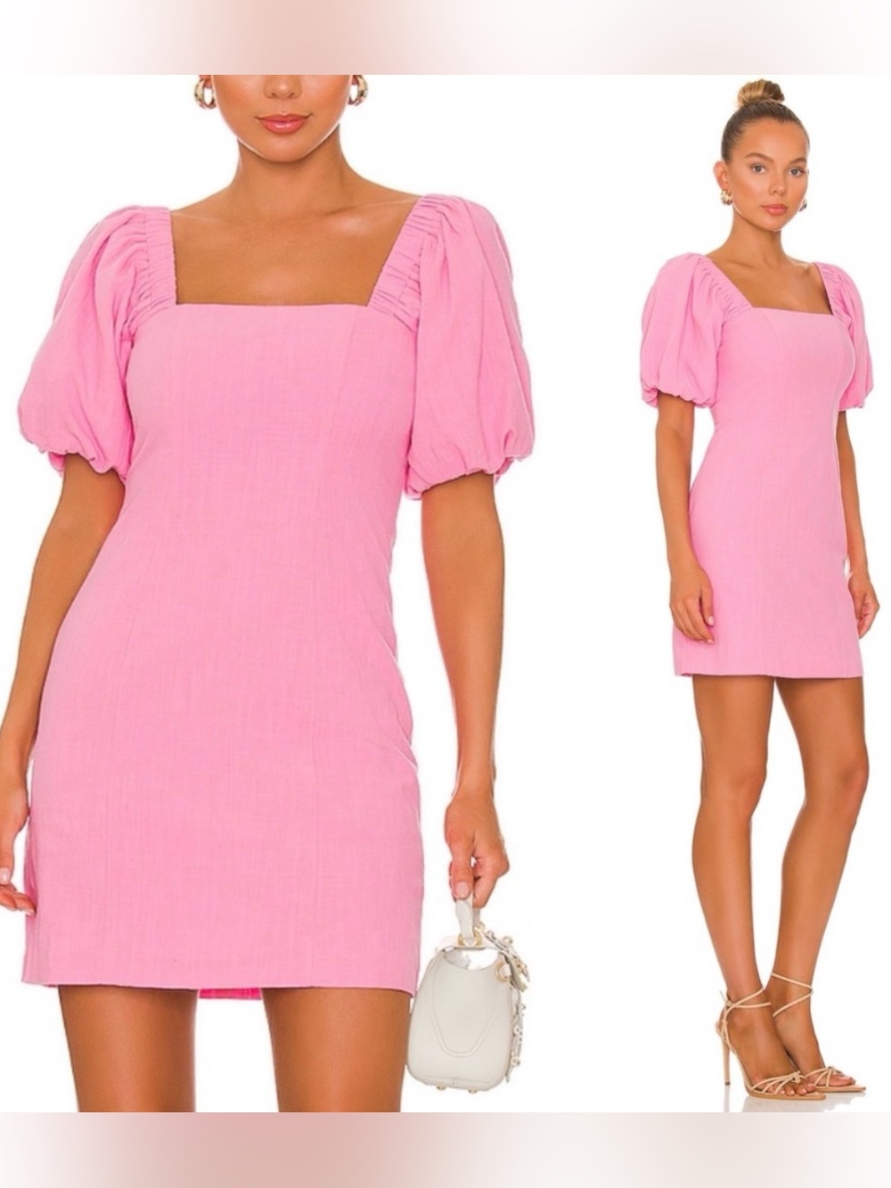 NWT SNDYS x REVOLVE Tuscany Linen Puff Sleeve Mini Dress in Bubblegum, Size XS